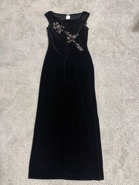 Black Velvet Maxi Dress with Floral Embroidery